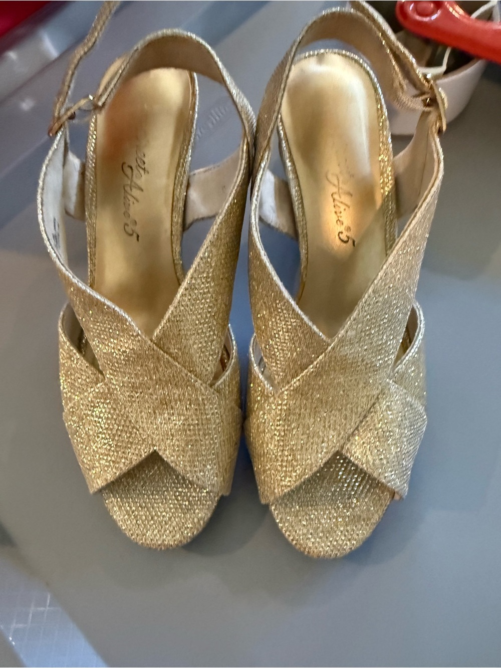 easy street Gold Glitter Crisscross Slingback Wedges